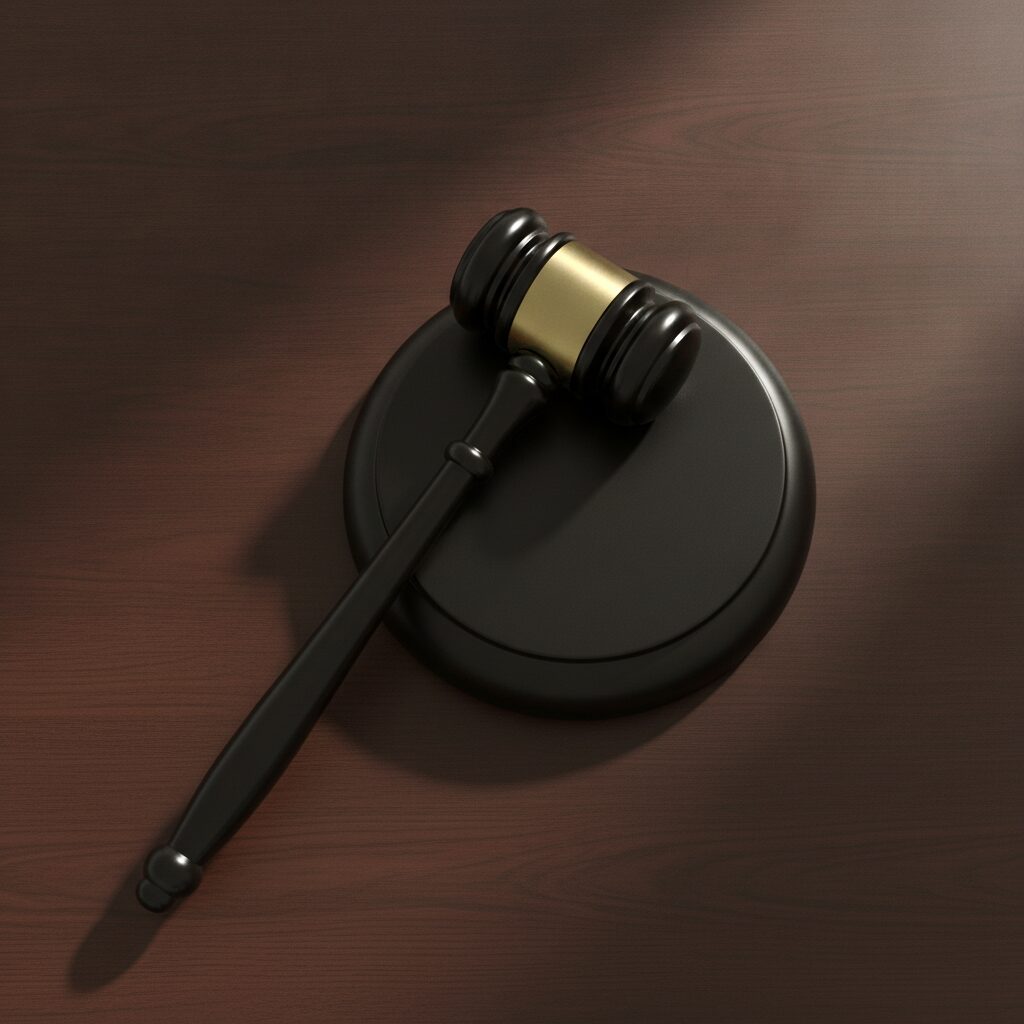 Pohľad zhora na čierne súdnicke kladivko s podložkou na tmavom lesklom drevenom stole