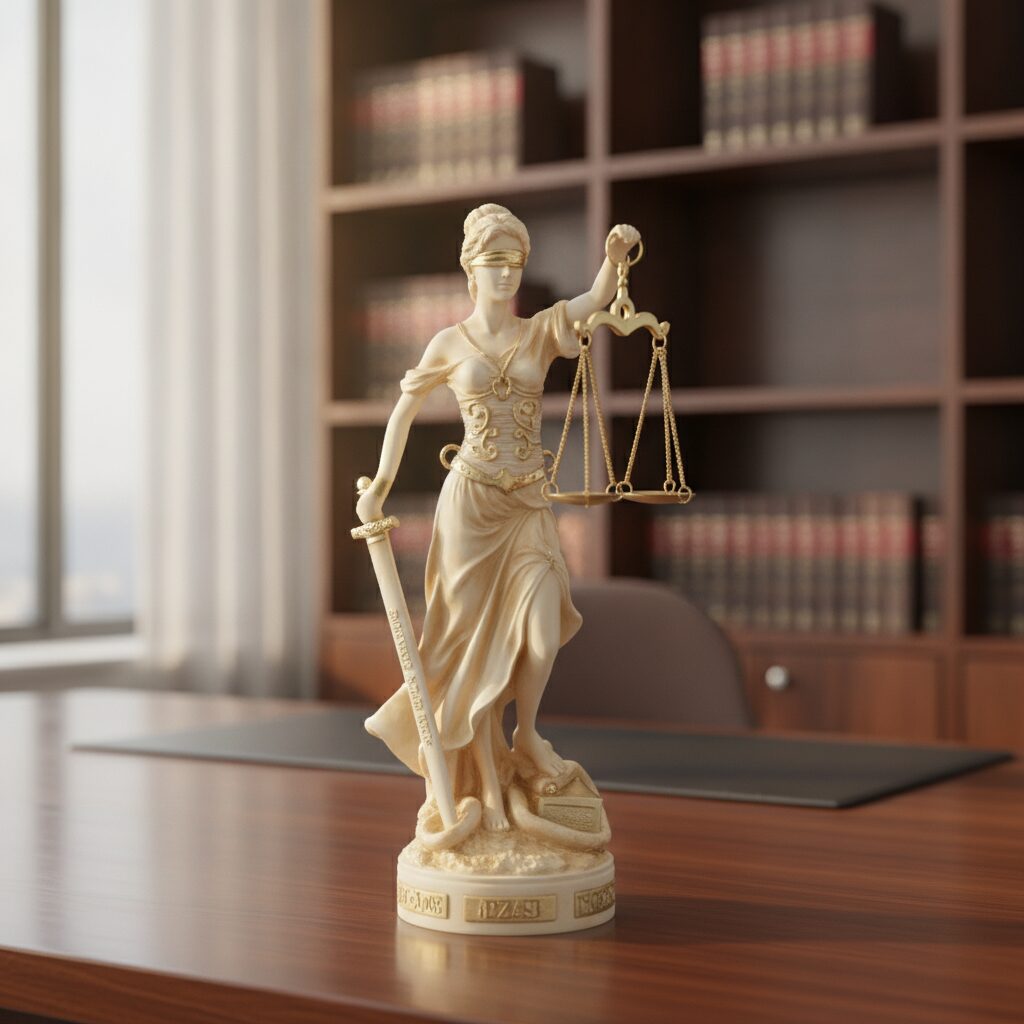 Grécka socha Lady Justice na drevenom stole v advokátskej kancelárii s právnickými knihami
