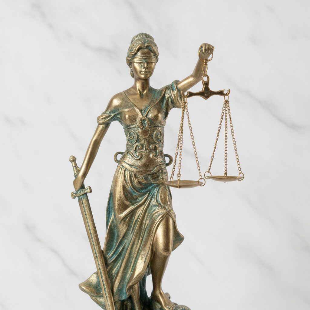 Grécka socha Lady Justice s patinou a zlatými váhami na ozdobnej podstave