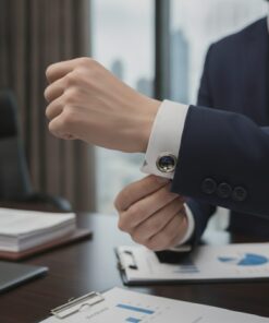 Muž v obleku s manžetovými gombíkmi Váhy v modrom prevedení pri úprave saka v kancelárii