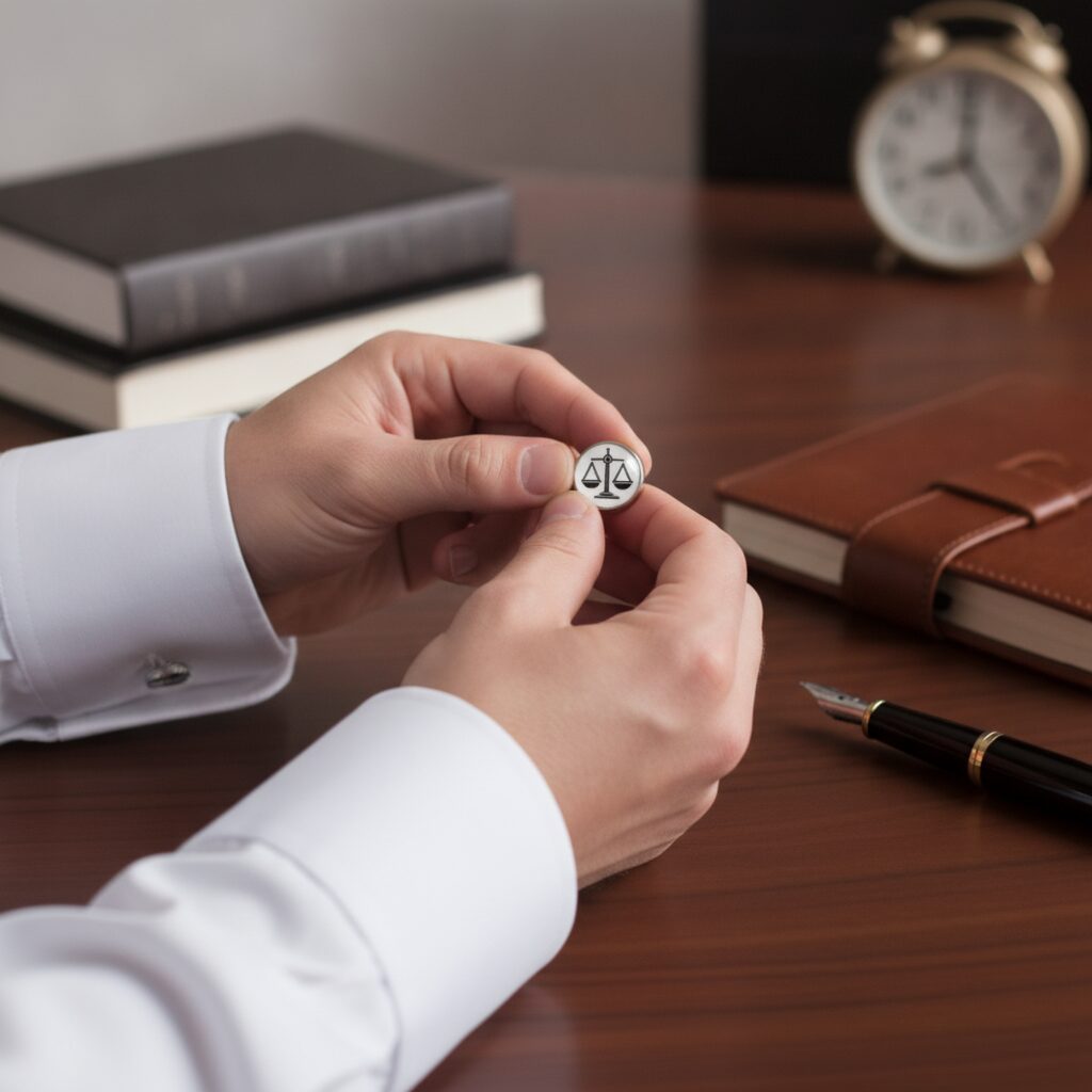 Muž pripevňuje manžetové gombíky Váhy na bielu formálnu košeľu
