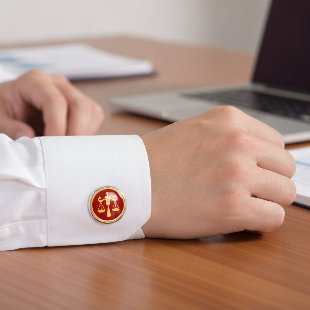 Manžetové gombíky váhy spravodlivosti na bielej košeli pri kancelárskom stole