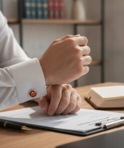 Manžetové gombíky váhy spravodlivosti na košeli právnika pri práci v kancelárii