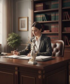 mramorová socha Justice Lady na stole v pracovni pri práci s dokumentmi