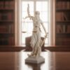 detail mramorovej sochy Justice Lady s váhami a mečom na drevenom stole — mramorová socha Justice Lady