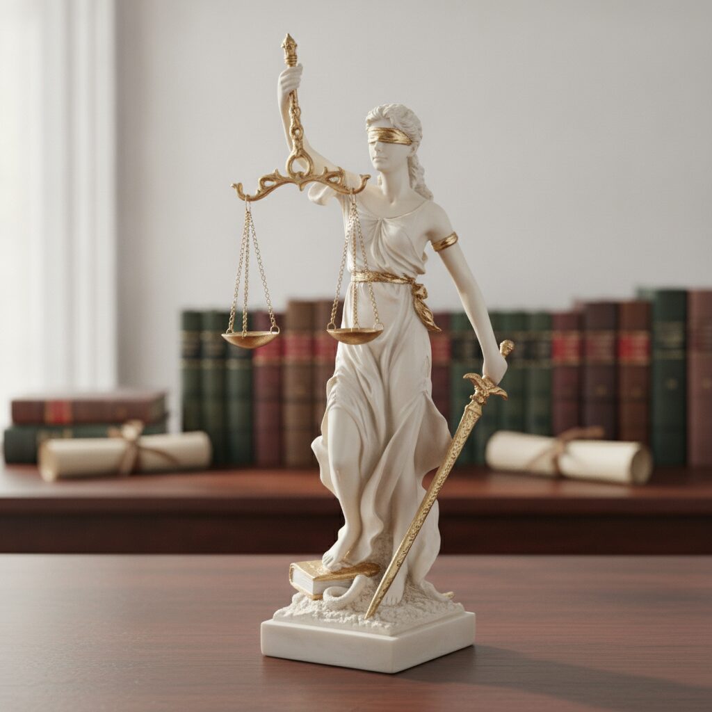 mramorová socha Justice Lady na advokátskom stole s právnickými knihami