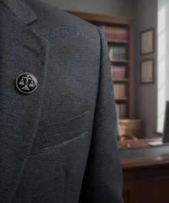 Odznak s motívom váh pripnutý na klope formálneho obleku v právnickom prostredí
