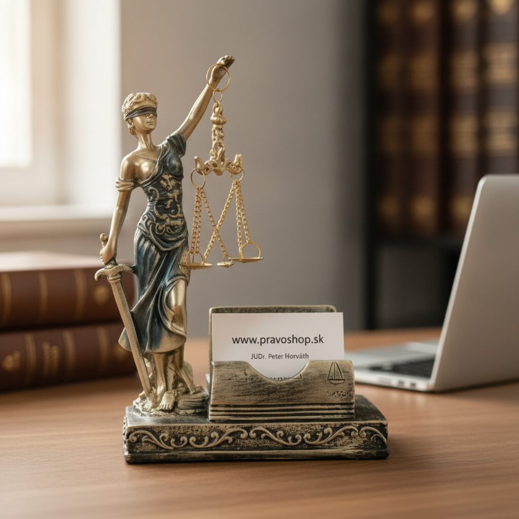 Socha Justícia so stojanom na vizitky v bronzovom prevedení na advokátskom stole