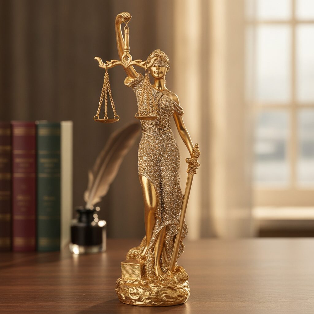 Socha justície sparkly na pracovnom stole v reprezentatívnom interiéri