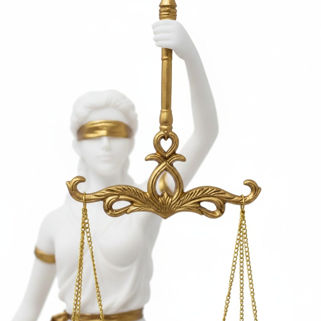 detail zlatých váh spravodlivosti zo sochy Justície Venus — socha Justície Venus