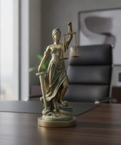 Socha spravodlivosti Themis v bronzovom prevedení umiestnená na pracovnom stole v advokátskej kancelárii
