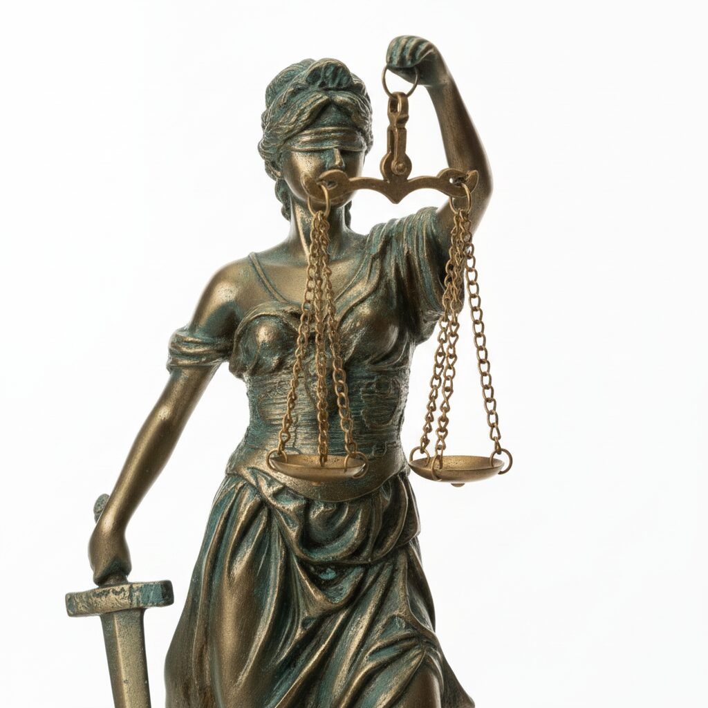 Detail sochy spravodlivosti Themis s patinou a váhami v bronzovom tóne — socha spravodlivosti Themis