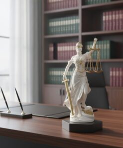 Socha spravodlivosti Themis naAdvokátskom stole v modernej kancelárii s právnickou literatúrou