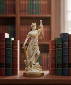 Socha Themis v elegantnej advokátskej kancelárii medzi právnickými knihami