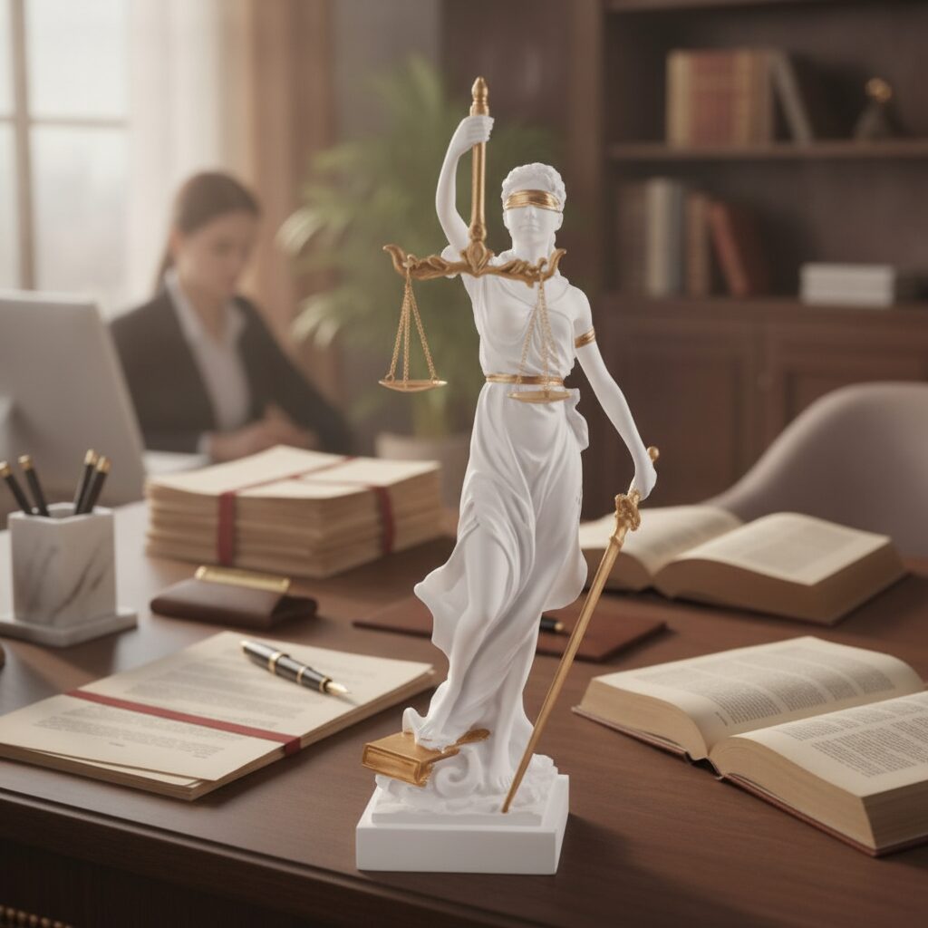 Socha spravodlivosti WhiteTrue v imitácii mramoru na pracovnom stole s knihami