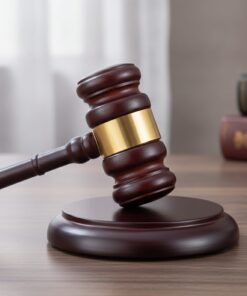 súdnicke kladivko čerešňa tmavočervené s podstavcom a zlatým páskom na stole