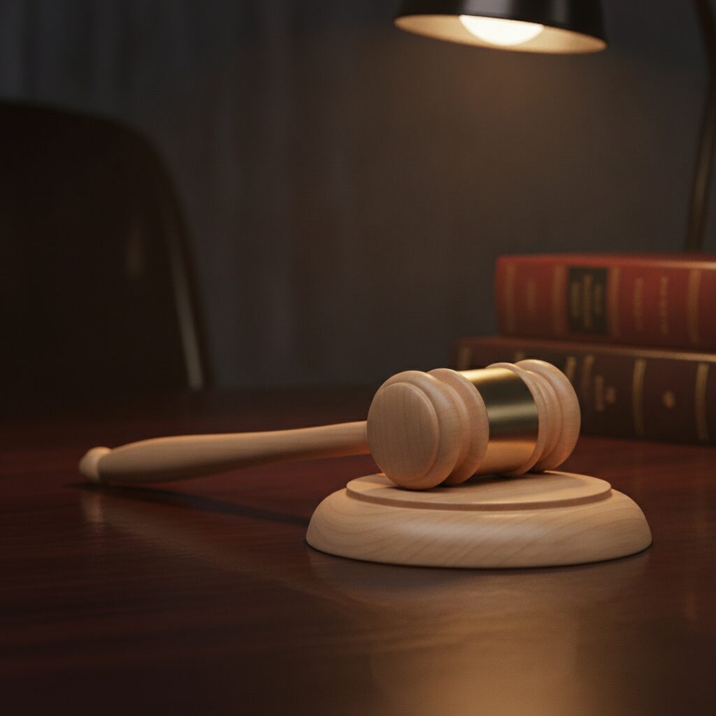 Súdnicke kladivko čerešňa na právnickom stole pri zákonníkoch