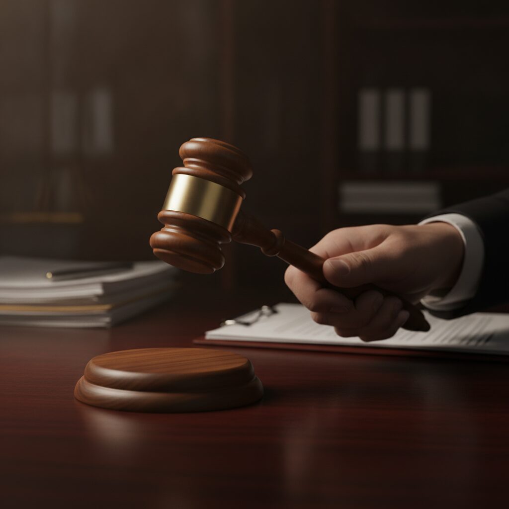 Drevenné súdne kladivko v ruke sudcu pri pracovnom stole s dokumentmi — súdnické kladivko z lieskového orecha