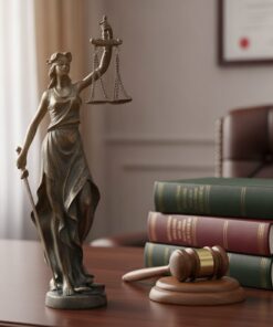 socha Lady Justice 39 cm na advokátskom stole vedľa právnických kníh