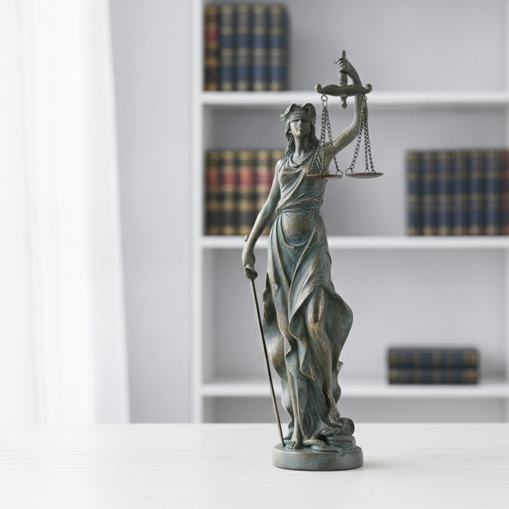 socha Lady Justice 39 cm v bronzovej patine na bielej polici v kancelárii