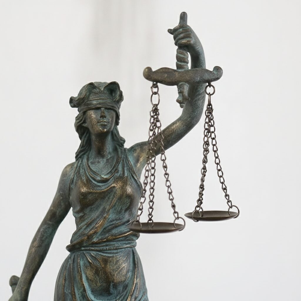 detail váh spravodlivosti na socha Lady Justice 39 cm s bronzovou patinou