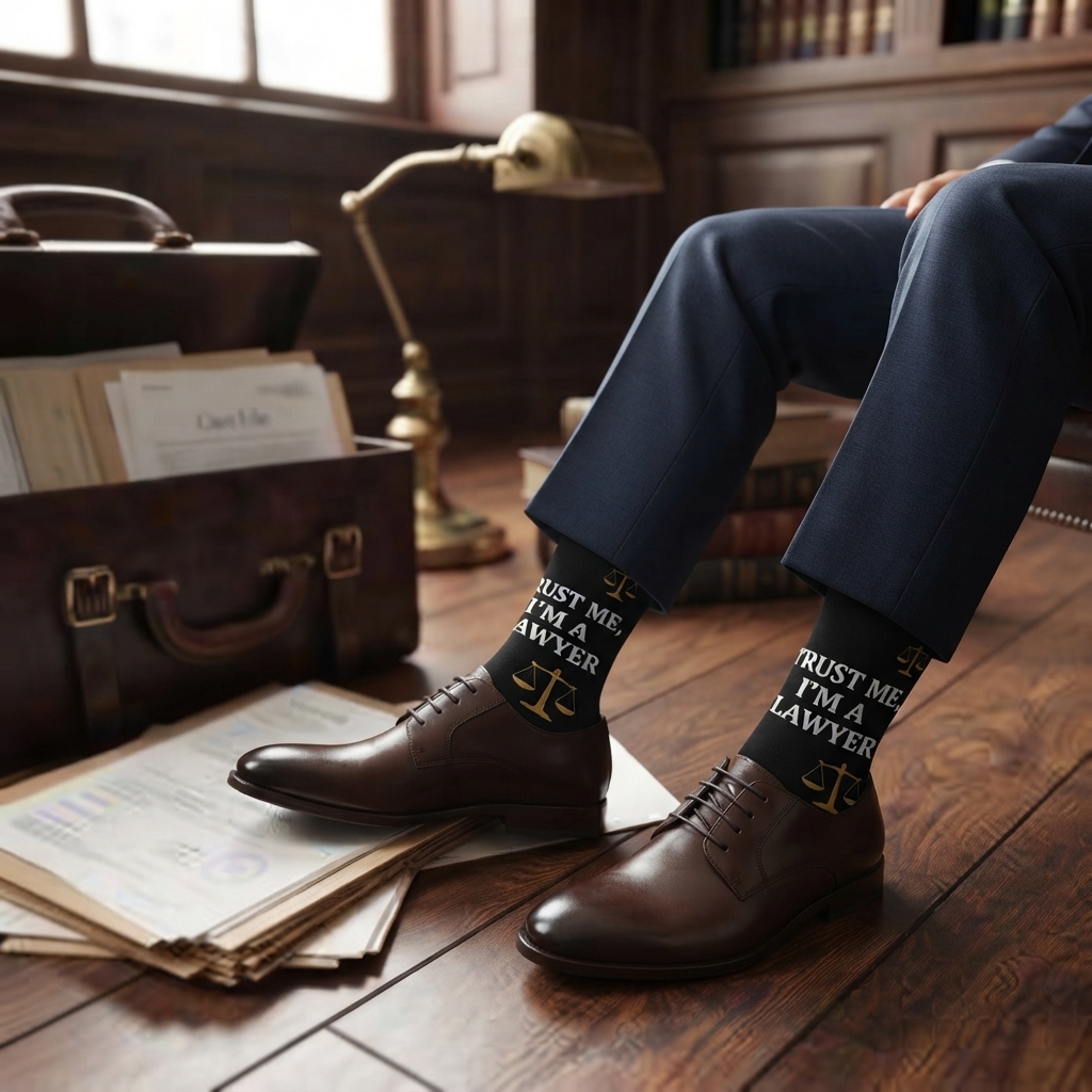 Ponožky pre právnikov s nápisom v elegantných kožených topánkach