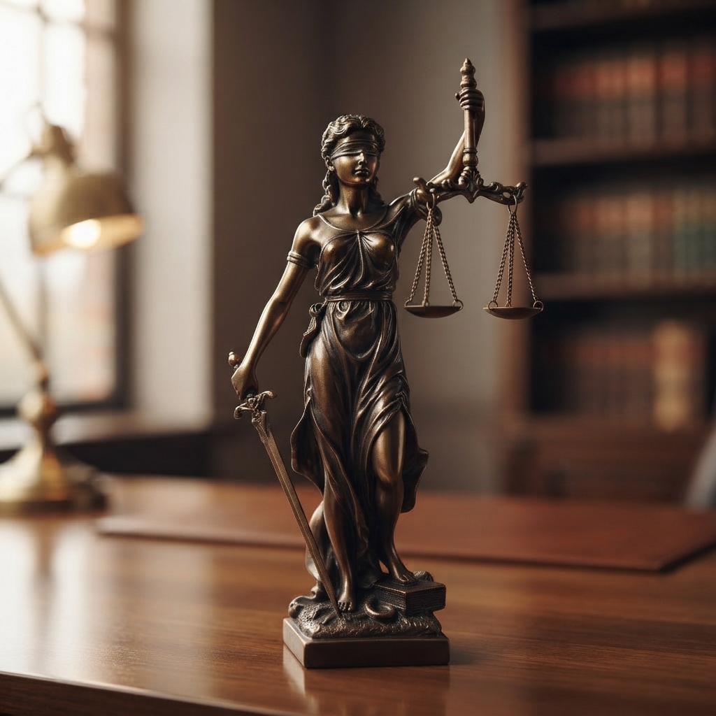Socha justície s váhami a mečom stojí na drevenom pracovnom stole. — socha justicie