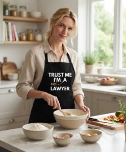Žena pripravuje jedlo v čiernej zástere pre právnika s nápisom Trust Me I'm Almost a Lawyer. — zástera pre právnika