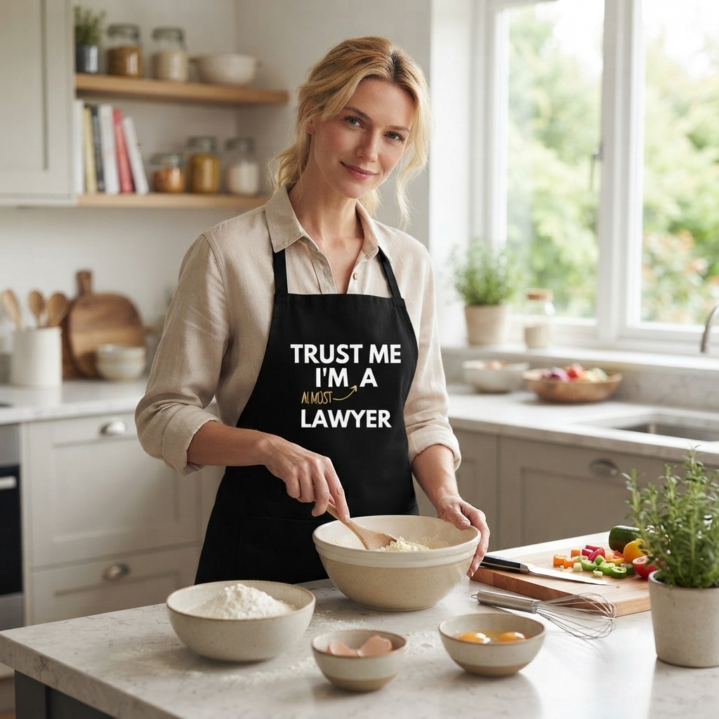 Žena pripravuje jedlo v čiernej zástere pre právnika s nápisom Trust Me I'm Almost a Lawyer. — zástera pre právnika