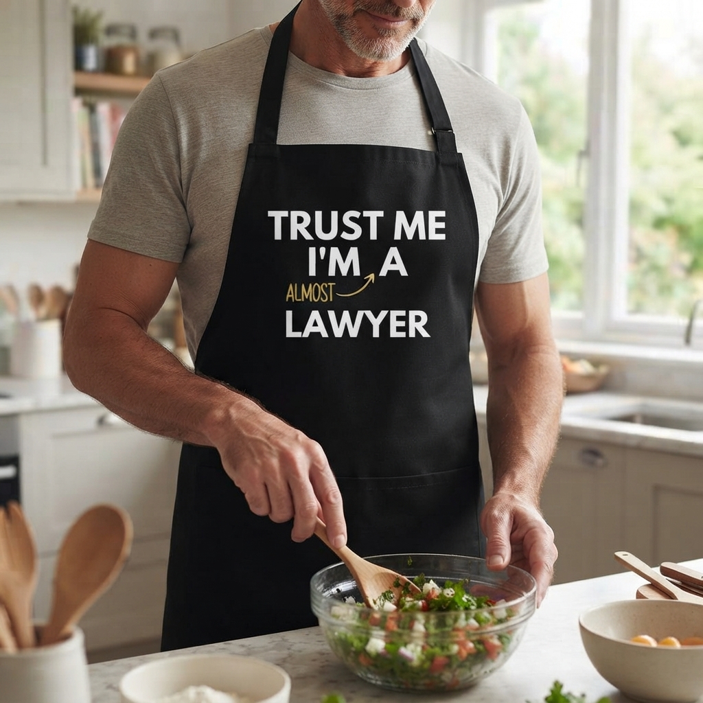 Muž mieša šalát v zástere pre právnika s nápisom Trust Me I'm Almost a Lawyer. — zástera pre právnika