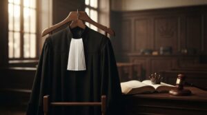 Čierna advokátska róba s bielym golierom v historicky ladenej súdnej sieni