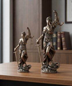 Socha Lady Justice Réna vo veľkostiach 19 cm a 39 cm na drevenom stole