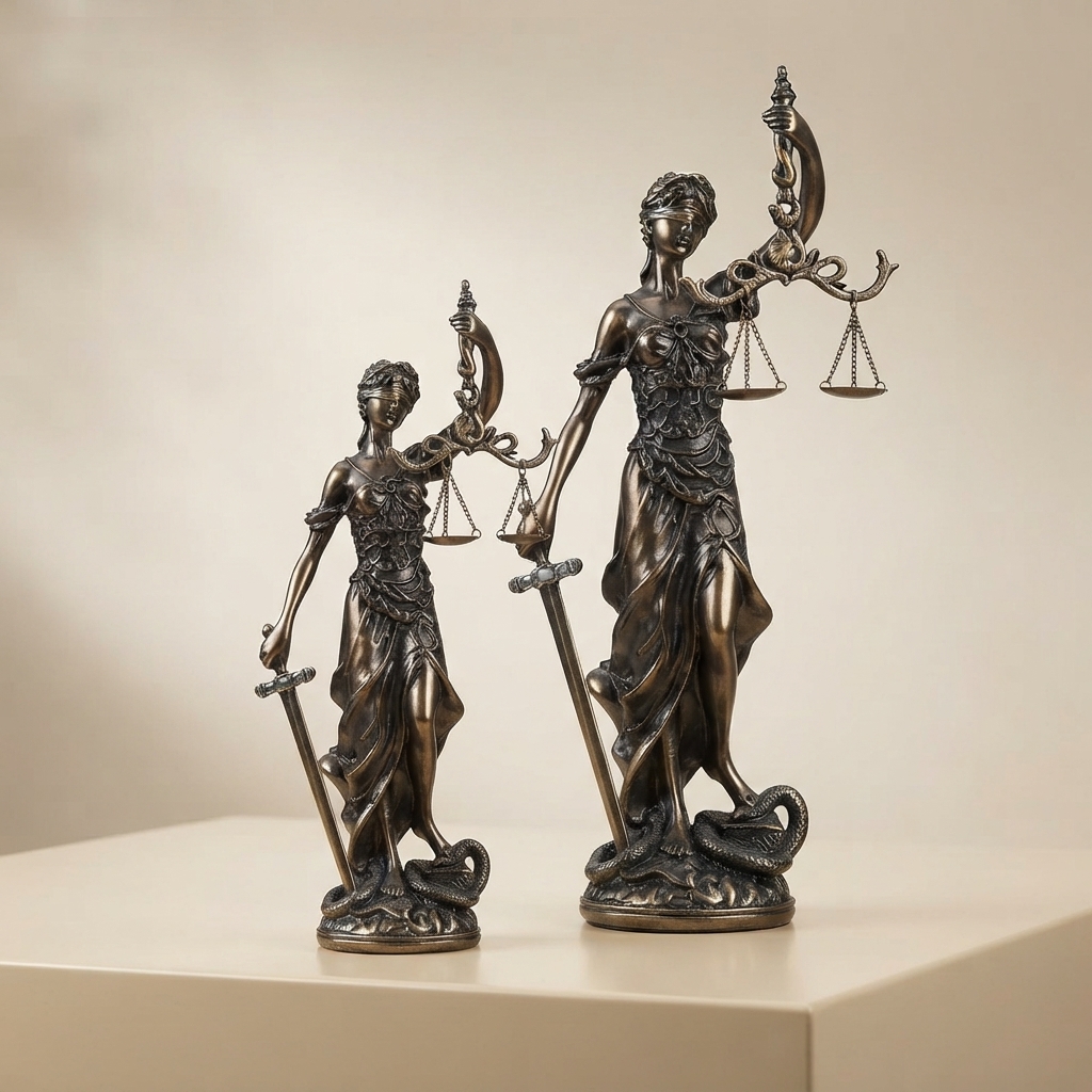 Dve sochy Lady Justice Réna s pomerom výšok 19 a 39 cm