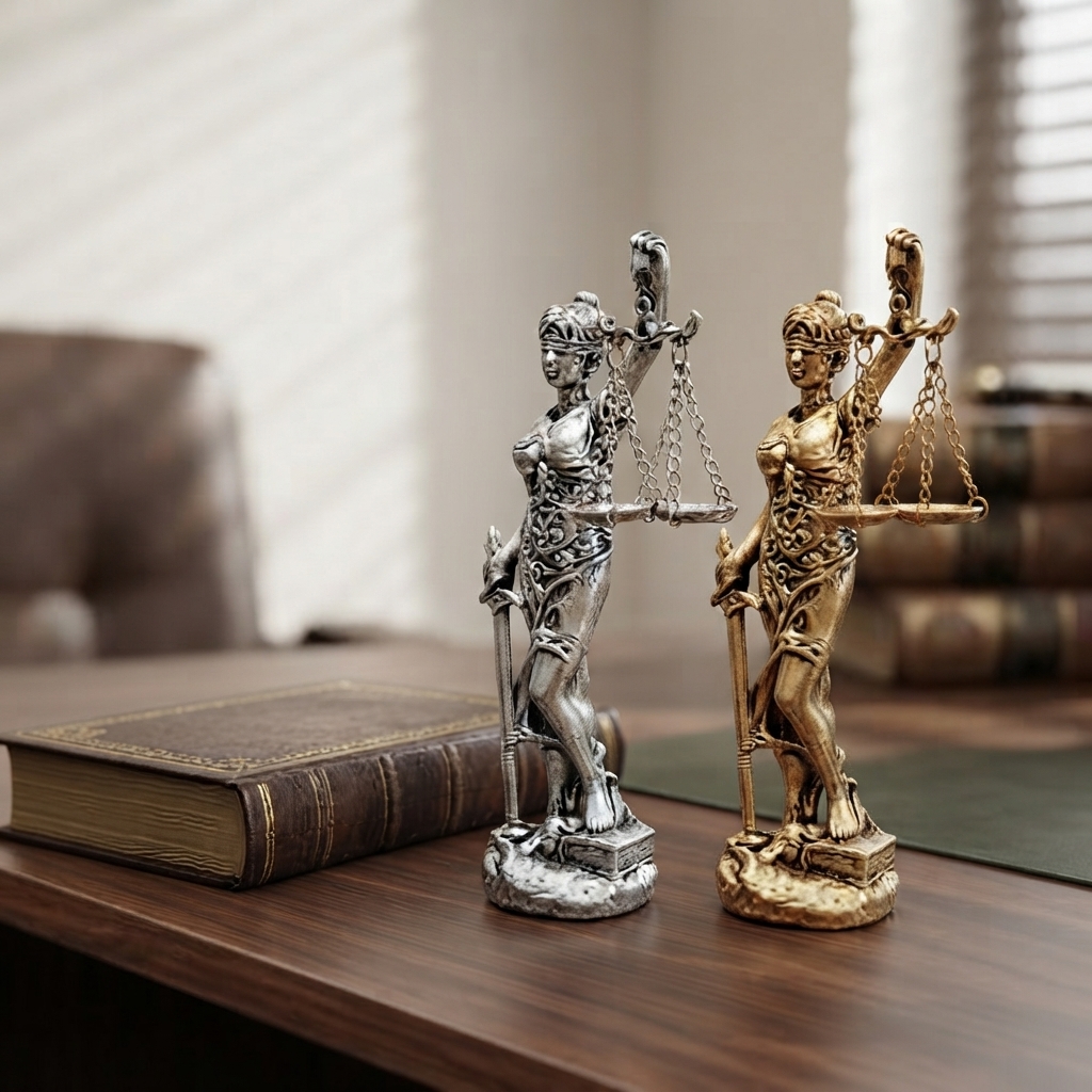 Strieborná a zlatá soška Lady Justice 20 cm vedľa seba na právnickom stole